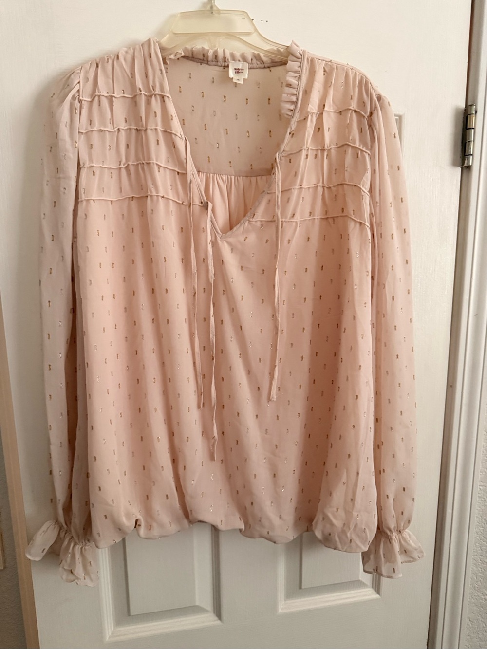 Light Blush Ruffle-Tie Long Sleeve Blouse